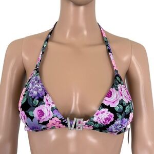Victorias Secret Purple Floral Triangle Halter Bikini Top VS Rhinestone S NWT